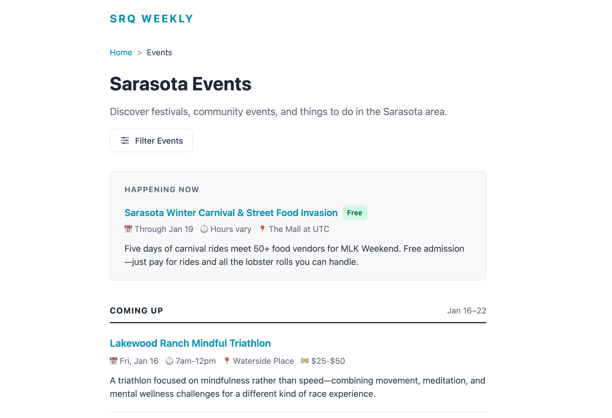 Screenshot of the events page