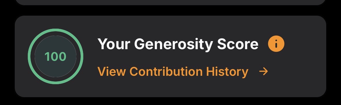 A screenshot showing my Crowdhealth generosity score at 100%