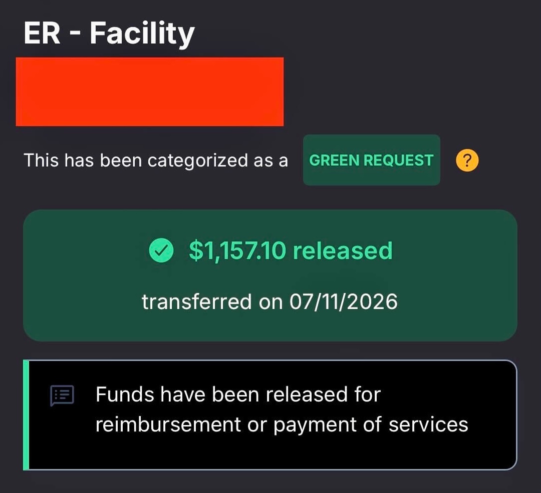 A screenshot from my CrowdHealth app showing the ER facility bill fully crowdfunded, with $1,157.10 in funds released and transferred to my bank account